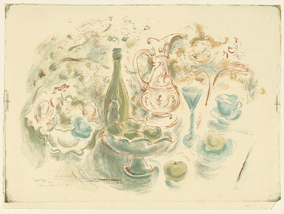 Artist: b'MACQUEEN, Mary' | Title: b'Still life' | Date: c.1959 | Technique: b'lithograph, printed in colour, from multiple plates' | Copyright: b'Courtesy Paulette Calhoun, for the estate of Mary Macqueen' Artist: b'MACQUEEN, Mary' | Title: b'Still life' | Date: c.1959 | Technique: b'lithograph, printed in colour, from multiple plates' | Copyright: b'Courtesy Paulette Calhoun, for the estate of Mary Macqueen'