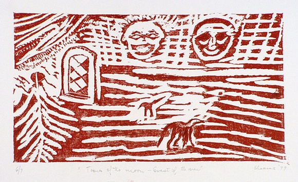 Artist: b'Shearer, Mitzi.' | Title: b'Tears of the moon - sweat of the sun' | Date: 1979 | Technique: b'linocut, printed in red ink, from one block, touched up with red texta' Artist: b'Shearer, Mitzi.' | Title: b'Tears of the moon - sweat of the sun' | Date: 1979 | Technique: b'linocut, printed in red ink, from one block, touched up with red texta'