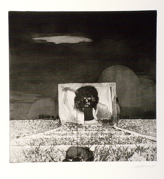 Artist: b'SHOMALY, Alberr' | Title: b'Self portrait with a cow' | Date: 1971 | Technique: b'photo-etching and aquatint, printed in black ink, from one plate' Artist: b'SHOMALY, Alberr' | Title: b'Self portrait with a cow' | Date: 1971 | Technique: b'photo-etching and aquatint, printed in black ink, from one plate'