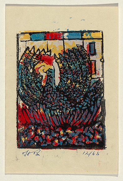 Title: not titled [bird design for stained glass window] | Date: 1968, December | Technique: linocut, printed in colour, from four blocks