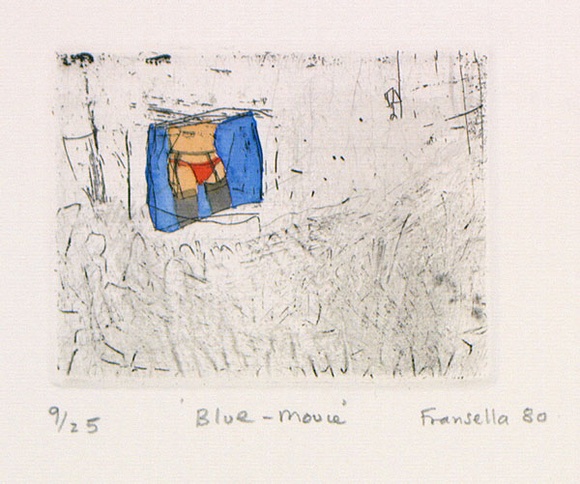 Artist: b'Fransella, Graham.' | Title: b'Blue movie.' | Date: 1980 | Technique: b'etching, printed in black ink, from one plate; hand-coloured' | Copyright: b'Courtesy of the artist' Artist: b'Fransella, Graham.' | Title: b'Blue movie.' | Date: 1980 | Technique: b'etching, printed in black ink, from one plate; hand-coloured' | Copyright: b'Courtesy of the artist'