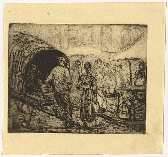 Artist: b'Traill, Jessie.' | Title: b'Market, Furnes, Belgium' | Date: 1907 | Technique: b'softground-etching, printed in black ink, from one plate' Artist: b'Traill, Jessie.' | Title: b'Market, Furnes, Belgium' | Date: 1907 | Technique: b'softground-etching, printed in black ink, from one plate'