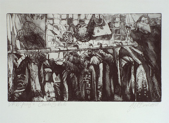 Artist: b'McBride, Janice.' | Title: b'Coats and hats' | Date: 1988 | Technique: b'etching, printed in black ink, from one plate' Artist: b'McBride, Janice.' | Title: b'Coats and hats' | Date: 1988 | Technique: b'etching, printed in black ink, from one plate'