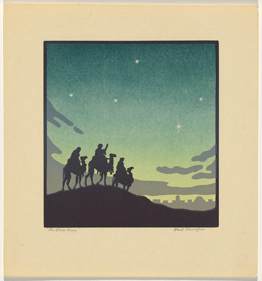 Artist: b'Thorpe, Hall.' | Title: b'The wise men' | Date: c.1925 | Technique: b'woodcut, printed in colour, from multiple blocks' Artist: b'Thorpe, Hall.' | Title: b'The wise men' | Date: c.1925 | Technique: b'woodcut, printed in colour, from multiple blocks'