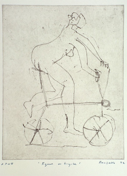 Artist: Fransella, Graham. | Title: Figure on a bicycle | Date: 1992 | Technique: softground etching, printed in black ink, from one plate | Copyright: Courtesy of the artist