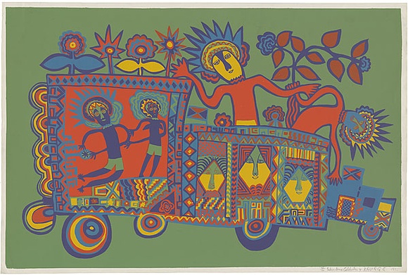 Artist: b'Kauage, Mathias.' | Title: b'Independence celebration 4' | Date: 1975 | Technique: b'screenprint, printed in colour, from seven screens' | Copyright: b'\xc2\xa9 approved by Elisabeth Kauage' Artist: b'Kauage, Mathias.' | Title: b'Independence celebration 4' | Date: 1975 | Technique: b'screenprint, printed in colour, from seven screens' | Copyright: b'\xc2\xa9 approved by Elisabeth Kauage'