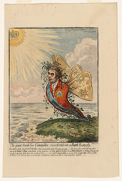 Artist: b'Gillray, James.' | Title: b'The great South Sea caterpillar, transformed into a Bath Butterfly' | Date: 1795 | Technique: b'etching, printed in black ink, from one copper plate; with hand-coloured later?' Artist: b'Gillray, James.' | Title: b'The great South Sea caterpillar, transformed into a Bath Butterfly' | Date: 1795 | Technique: b'etching, printed in black ink, from one copper plate; with hand-coloured later?'
