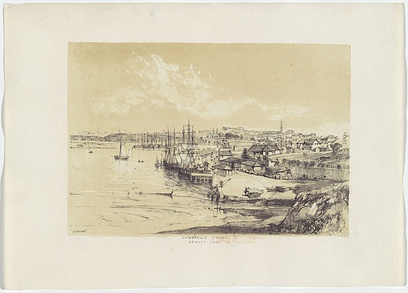 Artist: b'PROUT, John Skinner' | Title: bCampbell's Warf, Sydney Cove. | Date: 1842 | Technique: b'lithograph, printed in colour, from two stones (black and brown tint stone); letterpress text' Artist: b'PROUT, John Skinner' | Title: bCampbell's Warf, Sydney Cove. | Date: 1842 | Technique: b'lithograph, printed in colour, from two stones (black and brown tint stone); letterpress text'