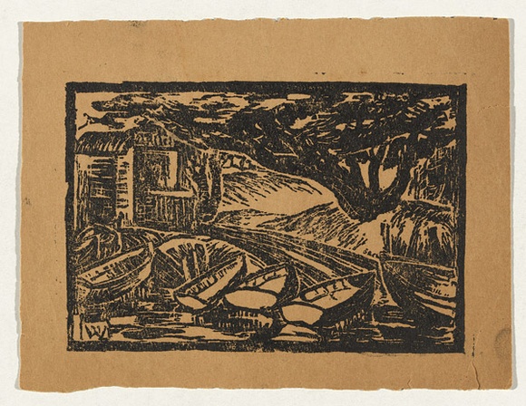 Artist: b'Woolcock, Marjorie.' | Title: b'Boats' | Date: 1950s | Technique: b'linocut, printed in black ink, from one block' Artist: b'Woolcock, Marjorie.' | Title: b'Boats' | Date: 1950s | Technique: b'linocut, printed in black ink, from one block'