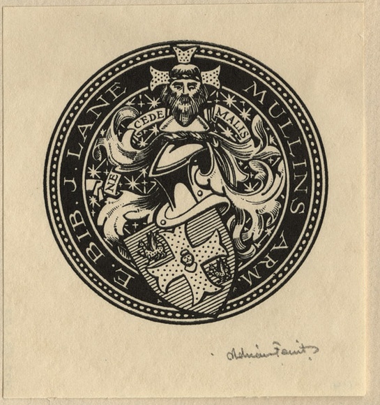 Artist: b'FEINT, Adrian' | Title: b'Bookplate: John Lane Mullins.' | Date: (1932) | Technique: b'line-engraving, printed in black ink, from one process block' | Copyright: b'Courtesy the Estate of Adrian Feint' Artist: b'FEINT, Adrian' | Title: b'Bookplate: John Lane Mullins.' | Date: (1932) | Technique: b'line-engraving, printed in black ink, from one process block' | Copyright: b'Courtesy the Estate of Adrian Feint'