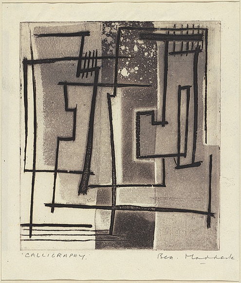 Artist: b'MADDOCK, Bea' | Title: b'Calligraphy' | Date: 1959 | Technique: b'etching, aquatint, deep etch and colour relief, from one copper plate' Artist: b'MADDOCK, Bea' | Title: b'Calligraphy' | Date: 1959 | Technique: b'etching, aquatint, deep etch and colour relief, from one copper plate'