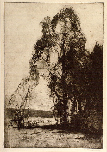 Artist: b'Long, Sydney.' | Title: b'Pastoral softground' | Date: 1918 | Technique: b'softground-etching, printed in warm black ink, from one zinc plate' | Copyright: b'Reproduced with the kind permission of the Ophthalmic Research Institute of Australia' Artist: b'Long, Sydney.' | Title: b'Pastoral softground' | Date: 1918 | Technique: b'softground-etching, printed in warm black ink, from one zinc plate' | Copyright: b'Reproduced with the kind permission of the Ophthalmic Research Institute of Australia'