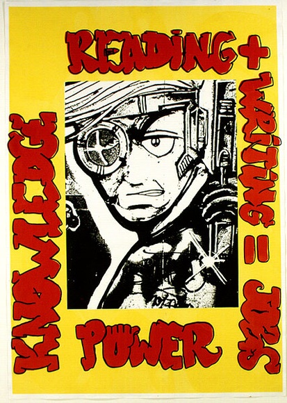 Artist: b'Bradford, Wendy.' | Title: b'Reading & Writing = Jobs.' | Date: 1990 | Technique: b'screenprint, printed in yellow, red and black ink, from three stencils' Artist: b'Bradford, Wendy.' | Title: b'Reading & Writing = Jobs.' | Date: 1990 | Technique: b'screenprint, printed in yellow, red and black ink, from three stencils'