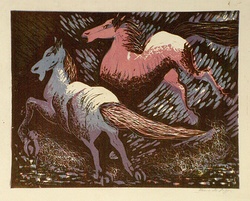 Artist: Higgs, Florence. | Title: (Two horses) | Date: 1955 | Technique: linocut, printed in colour, from four blocks