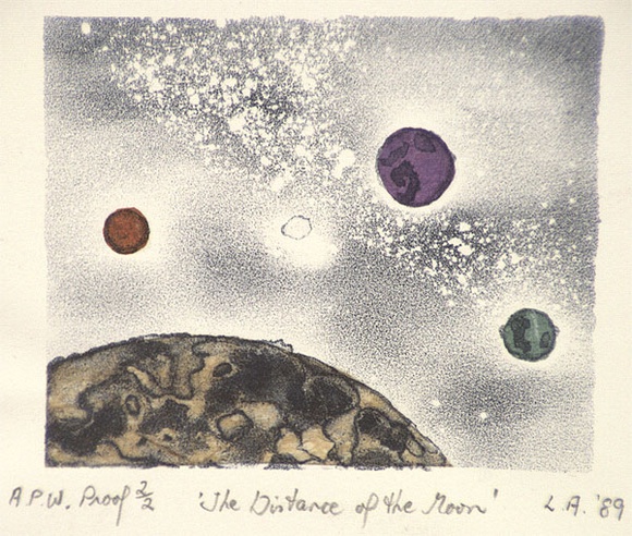 Artist: b'Alexander, Leanne.' | Title: b'The distance of the moon' | Date: 1989 | Technique: b'lithograph, printed in blue ink, from one stone; handcoloured' Artist: b'Alexander, Leanne.' | Title: b'The distance of the moon' | Date: 1989 | Technique: b'lithograph, printed in blue ink, from one stone; handcoloured'