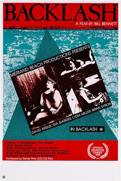 Artist: b'REDBACK GRAPHIX' | Title: b'Backlash. A film by Bill Bennett.' | Date: 1986 | Technique: b'offset-lithograph, printed in colour, from multiple plates' Artist: b'REDBACK GRAPHIX' | Title: b'Backlash. A film by Bill Bennett.' | Date: 1986 | Technique: b'offset-lithograph, printed in colour, from multiple plates'