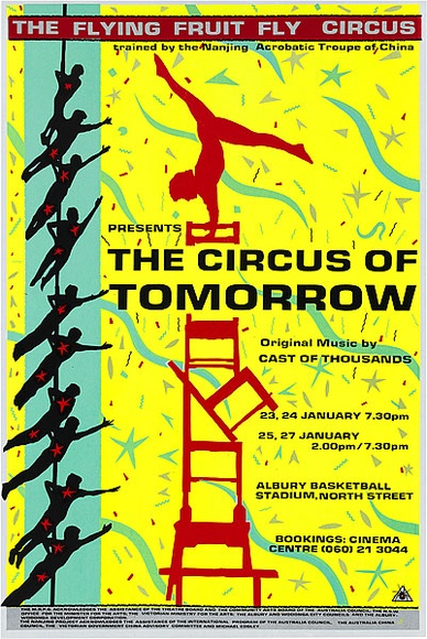 Artist: b'REDBACK GRAPHIX' | Title: b'The circus of tomorrow.' | Date: 1985 | Technique: b'screenprint, printed in colour, from five stencils' Artist: b'REDBACK GRAPHIX' | Title: b'The circus of tomorrow.' | Date: 1985 | Technique: b'screenprint, printed in colour, from five stencils'