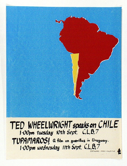 Artist: b'MACKINOLTY, Chips' | Title: b'Ted Wheelwright speaks on Chile' | Technique: b'screenprint, printed in colour, from multiple stencils' Artist: b'MACKINOLTY, Chips' | Title: b'Ted Wheelwright speaks on Chile' | Technique: b'screenprint, printed in colour, from multiple stencils'