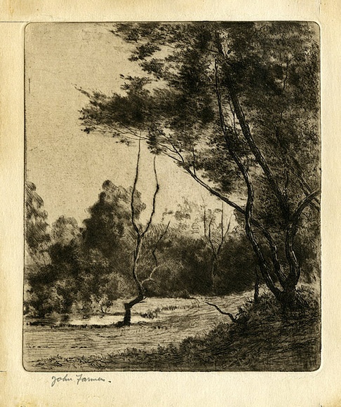 Artist: b'Farmer, John.' | Title: b'Landscape with pond.' | Date: c.1960 | Technique: b'etching, drypoint, printed in black ink with plate-tone, from one plate' Artist: b'Farmer, John.' | Title: b'Landscape with pond.' | Date: c.1960 | Technique: b'etching, drypoint, printed in black ink with plate-tone, from one plate'