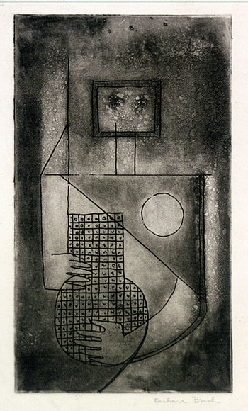 Artist: b'Brash, Barbara.' | Title: b'(Holding a vase).' | Date: 1950s | Technique: b'etching, aquatint and lavis, printed in brown ink, from one plate' Artist: b'Brash, Barbara.' | Title: b'(Holding a vase).' | Date: 1950s | Technique: b'etching, aquatint and lavis, printed in brown ink, from one plate'