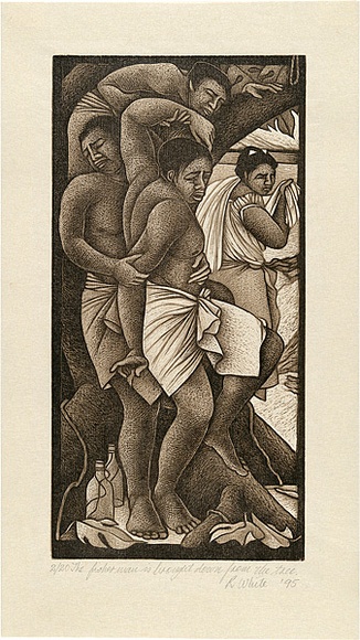 Artist: b'White, Robin.' | Title: b'The fisherman is brought down from the tree' | Date: 1995 | Technique: b'woodcut, printed in sepia ink, from two blocks' Artist: b'White, Robin.' | Title: b'The fisherman is brought down from the tree' | Date: 1995 | Technique: b'woodcut, printed in sepia ink, from two blocks'