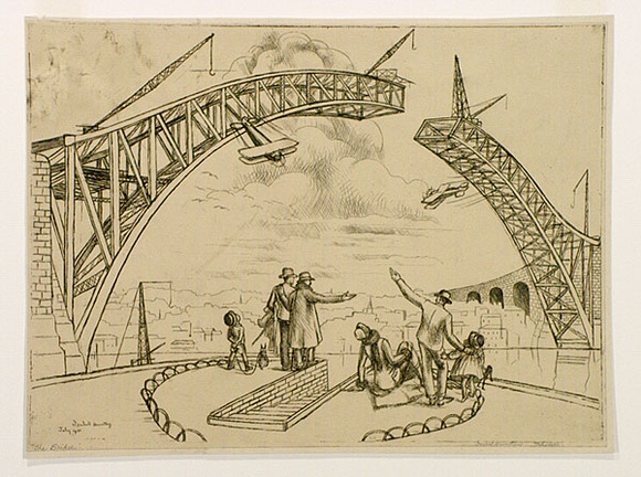 Artist: b'Huntley, Isabel.' | Title: b'The Bridge' | Date: 1930, July | Technique: b'etching, printed in warm black ink, from one plate' | Copyright: b'\xc2\xa9 Estate of Isabel Huntley, Douglas Huntley' Artist: b'Huntley, Isabel.' | Title: b'The Bridge' | Date: 1930, July | Technique: b'etching, printed in warm black ink, from one plate' | Copyright: b'\xc2\xa9 Estate of Isabel Huntley, Douglas Huntley'