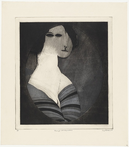 Artist: b'BALDESSIN, George' | Title: b'Personage with striped dress IV.' | Date: 1968 | Technique: b'etching and aquatint, printed in colour, from multiple plates' Artist: b'BALDESSIN, George' | Title: b'Personage with striped dress IV.' | Date: 1968 | Technique: b'etching and aquatint, printed in colour, from multiple plates'