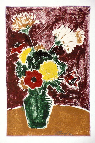 Artist: b'Taylor, John H.' | Title: b'Still life with flowers' | Date: (1952) | Technique: b'linocut, printed in colour as monotype, from one block' Artist: b'Taylor, John H.' | Title: b'Still life with flowers' | Date: (1952) | Technique: b'linocut, printed in colour as monotype, from one block'