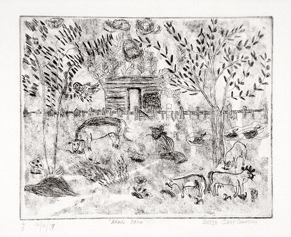 Artist: b'Connelly, Sister Clare.' | Title: b'Animal farm.' | Date: 1979 | Technique: b'etching and aquatint, printed in black with plate-tone, from one plate' Artist: b'Connelly, Sister Clare.' | Title: b'Animal farm.' | Date: 1979 | Technique: b'etching and aquatint, printed in black with plate-tone, from one plate'