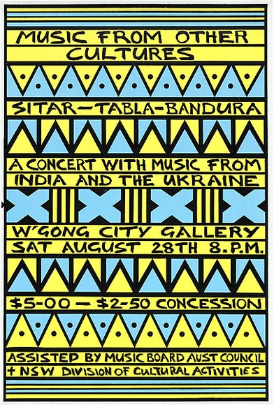 Artist: REDBACK GRAPHIX | Title: Music from other cultures. | Date: 1983, before 28 August | Technique: screenprint, printed in colour, from three stencils