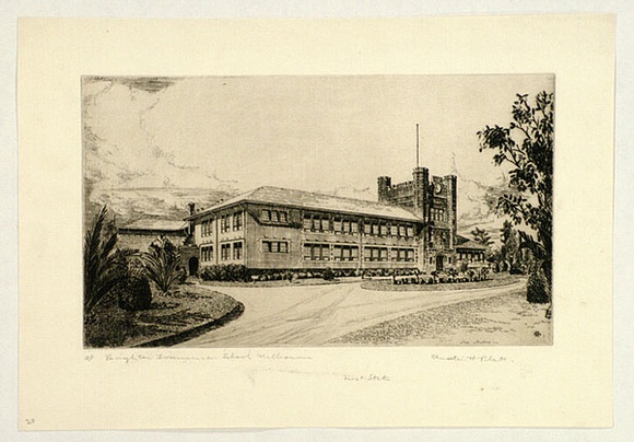 Artist: b'PLATT, Austin' | Title: b'Brighton Grammar School, Melbourne' | Date: 1934 | Technique: b'etching, printed in black ink, from one plate' Artist: b'PLATT, Austin' | Title: b'Brighton Grammar School, Melbourne' | Date: 1934 | Technique: b'etching, printed in black ink, from one plate'