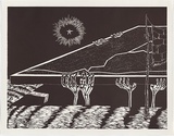 Artist: COLEING, Tony | Title: Battlefield (hands holding left side of tennis court + star). | Date: 1986 | Technique: linocut, printed in black ink, from one block