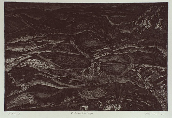 Artist: b'Faulkner, Jeff.' | Title: b'Victorian landscape' | Date: 1991 - 1992, December - January | Technique: b'etching and aquatint, printed in black ink, with plate-tone, from one plate' Artist: b'Faulkner, Jeff.' | Title: b'Victorian landscape' | Date: 1991 - 1992, December - January | Technique: b'etching and aquatint, printed in black ink, with plate-tone, from one plate'