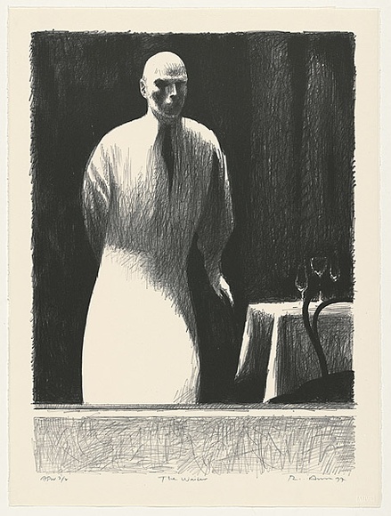 Artist: b'AMOR, Rick' | Title: b'The waiter' | Date: 1997 | Technique: b'lithograph, printed in black ink, from one stone' | Copyright: b'Image reproduced courtesy the artist and Niagara Galleries, Melbourne' Artist: b'AMOR, Rick' | Title: b'The waiter' | Date: 1997 | Technique: b'lithograph, printed in black ink, from one stone' | Copyright: b'Image reproduced courtesy the artist and Niagara Galleries, Melbourne'