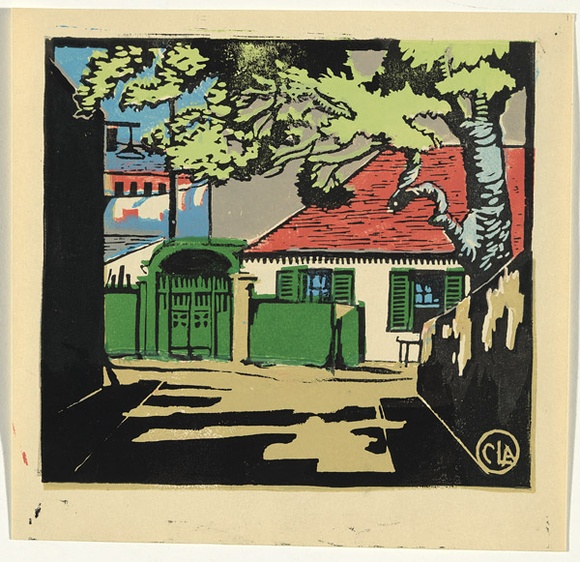 Artist: b'Allport, C.L.' | Title: b'The house with green shutters.' | Date: c.1926 | Technique: b'linocut, printed in colour, from multiple blocks' Artist: b'Allport, C.L.' | Title: b'The house with green shutters.' | Date: c.1926 | Technique: b'linocut, printed in colour, from multiple blocks'