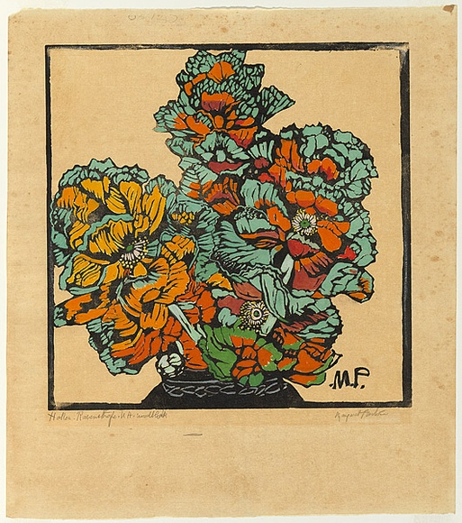 Artist: b'PRESTON, Margaret' | Title: b'Hakea' | Date: 1933 | Technique: b'woodcut, printed in black ink, from one block; hand-coloured' | Copyright: b'\xc2\xa9 Margaret Preston. Licensed by VISCOPY, Australia' Artist: b'PRESTON, Margaret' | Title: b'Hakea' | Date: 1933 | Technique: b'woodcut, printed in black ink, from one block; hand-coloured' | Copyright: b'\xc2\xa9 Margaret Preston. Licensed by VISCOPY, Australia'