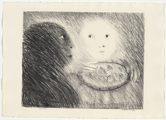 Artist: b'BOYD, Arthur' | Title: b'St Clare offering marzipan to St Francis.' | Date: (1965) | Technique: b'lithograph, printed in black ink, from one plate' | Copyright: b'Reproduced with permission of Bundanon Trust' Artist: b'BOYD, Arthur' | Title: b'St Clare offering marzipan to St Francis.' | Date: (1965) | Technique: b'lithograph, printed in black ink, from one plate' | Copyright: b'Reproduced with permission of Bundanon Trust'