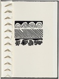 Artist: b'White, Robin.' | Title: b'Not titled (four shells above zigzag pattern over flowers).' | Date: 1985 | Technique: b'woodcut, printed in black ink, from one block'