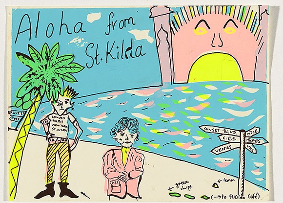 Artist: b'Church, Julia.' | Title: b'Postcard: Aloha from St Kilda.' | Date: 1984 | Technique: b'screenprint, printed in colour, from multiple stencils' Artist: b'Church, Julia.' | Title: b'Postcard: Aloha from St Kilda.' | Date: 1984 | Technique: b'screenprint, printed in colour, from multiple stencils'