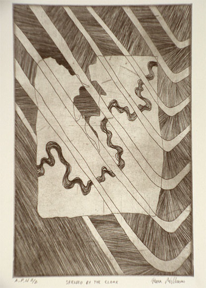 Artist: b'Williams, Kevin.' | Title: b'Shielded by the cloak' | Date: 1999, April | Technique: b'etching, printed in black ink, from one plate' Artist: b'Williams, Kevin.' | Title: b'Shielded by the cloak' | Date: 1999, April | Technique: b'etching, printed in black ink, from one plate'