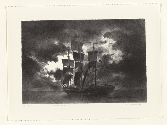 Artist: b'Mortensen, Kevin.' | Title: b'The last sunset' | Date: 1994 | Technique: b'lithograph, printed in black ink, from one stone' | Copyright: b'\xc2\xa9 Kevin Mortensen' Artist: b'Mortensen, Kevin.' | Title: b'The last sunset' | Date: 1994 | Technique: b'lithograph, printed in black ink, from one stone' | Copyright: b'\xc2\xa9 Kevin Mortensen'