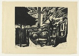 Artist: b'AMOR, Rick' | Title: b'Street and town.' | Date: 1988 | Technique: b'woodcut, printed in black ink, from one block'