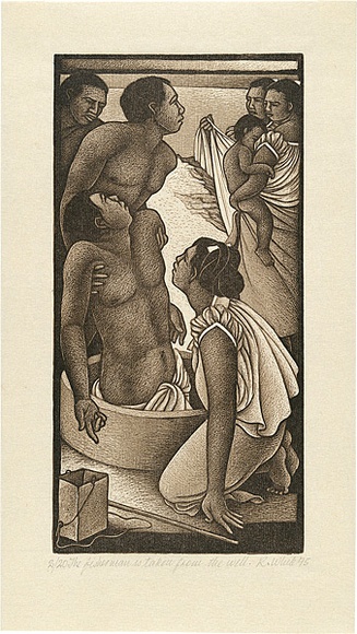 Artist: b'White, Robin.' | Title: b'The fisherman is taken from the well' | Date: 1995 | Technique: b'woodcut, printed in sepia ink, from two blocks' Artist: b'White, Robin.' | Title: b'The fisherman is taken from the well' | Date: 1995 | Technique: b'woodcut, printed in sepia ink, from two blocks'