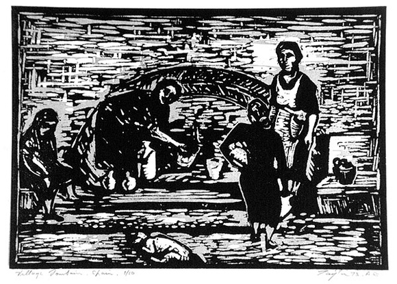 Artist: b'Taylor, John H.' | Title: b'Village fountain, Spain' | Date: 1973 | Technique: b'linocut, printed in black and grey ink, from two blocks' Artist: b'Taylor, John H.' | Title: b'Village fountain, Spain' | Date: 1973 | Technique: b'linocut, printed in black and grey ink, from two blocks'