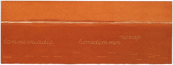 Artist: b'MADDOCK, Bea' | Title: b'Terra Spiritus...with a darker shade of pale' | Date: 1993-98 | Technique: b'stencil print, printed in hand-ground Launceston ochre from multiple hand-cut mylar stencils; letterpress text blind printed; hand-drawn script' Artist: b'MADDOCK, Bea' | Title: b'Terra Spiritus...with a darker shade of pale' | Date: 1993-98 | Technique: b'stencil print, printed in hand-ground Launceston ochre from multiple hand-cut mylar stencils; letterpress text blind printed; hand-drawn script'