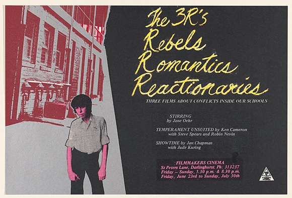 Artist: b'McMahon, Marie.' | Title: bThe 3R's Rebels Romantics Reactionaries. Three films about conflicts within our schools. | Date: 1978 | Technique: b'screenprint, printed in colour, from multiple stencils' | Copyright: b'\xc2\xa9 Marie McMahon. Licensed by VISCOPY, Australia' Artist: b'McMahon, Marie.' | Title: bThe 3R's Rebels Romantics Reactionaries. Three films about conflicts within our schools. | Date: 1978 | Technique: b'screenprint, printed in colour, from multiple stencils' | Copyright: b'\xc2\xa9 Marie McMahon. Licensed by VISCOPY, Australia'