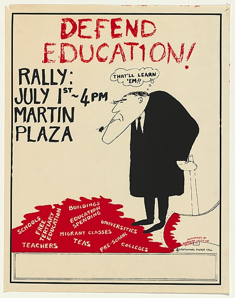 Artist: b'EARTHWORKS POSTER COLLECTIVE' | Title: b'Defend education' | Date: 1976 | Technique: b'screenprint, printed in colour, from two stencils' Artist: b'EARTHWORKS POSTER COLLECTIVE' | Title: b'Defend education' | Date: 1976 | Technique: b'screenprint, printed in colour, from two stencils'