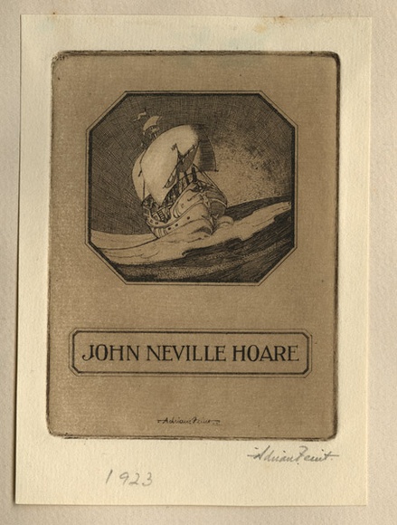 Artist: b'FEINT, Adrian' | Title: b'Bookplate: John Neville Hoare.' | Date: 1923 | Technique: b'etching, printed in brown ink with plate-tone, from one plate' | Copyright: b'Courtesy the Estate of Adrian Feint' Artist: b'FEINT, Adrian' | Title: b'Bookplate: John Neville Hoare.' | Date: 1923 | Technique: b'etching, printed in brown ink with plate-tone, from one plate' | Copyright: b'Courtesy the Estate of Adrian Feint'