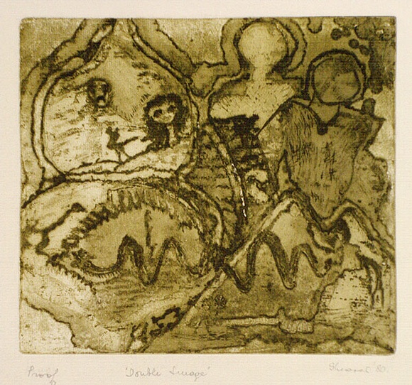 Artist: b'Shearer, Mitzi.' | Title: b'Double image' | Date: 1980 | Technique: b'etching, printed in olive green ink, from one plate' Artist: b'Shearer, Mitzi.' | Title: b'Double image' | Date: 1980 | Technique: b'etching, printed in olive green ink, from one plate'