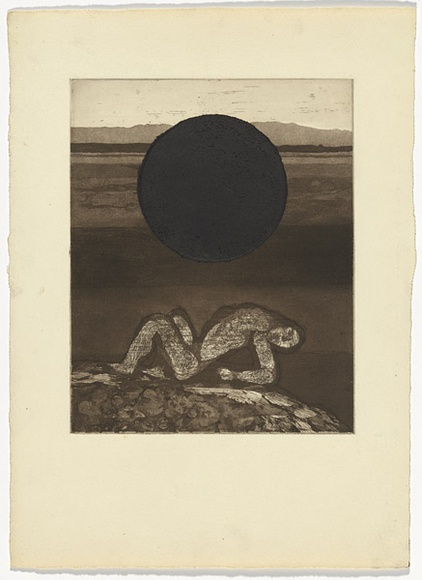 Artist: b'SELLBACH, Udo' | Title: b'(Figure beneath a sphere)' | Technique: b'etching, aquatint printed in brown and black'